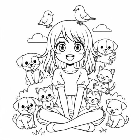 Garota de Anime com Animais (Desenho para Colorir)