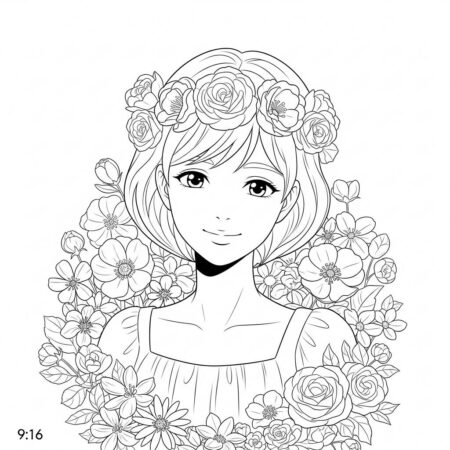 Garota de Anime com Flores (Desenho para Colorir)