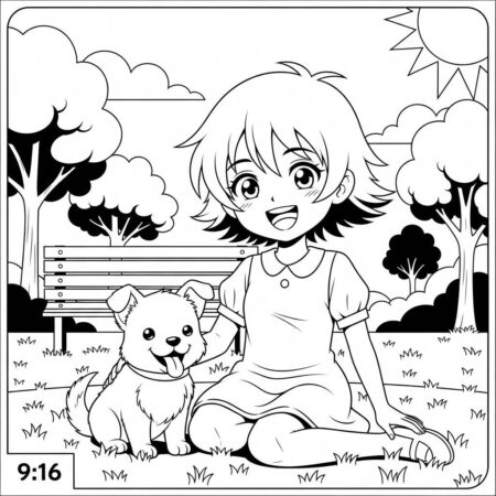 Garota de Anime com um Cachorro (Desenho para Colorir)