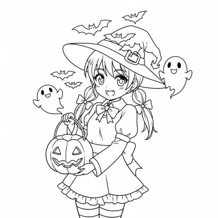 Garota de Anime de Halloween (Desenho para Colorir)