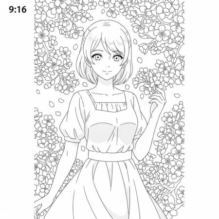 Garota de Anime de Primavera (Desenho para Colorir)