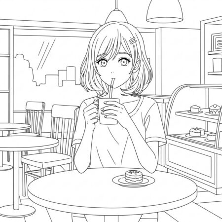 Garota de Anime em um Cafe (Desenho para Colorir)