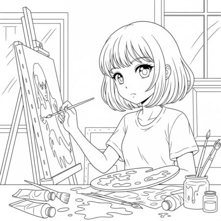 Garota de Anime em um Estudio de Arte (Desenho para Colorir)