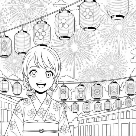 Garota de Anime em um Festival (Desenho para Colorir)