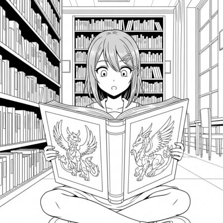 Garota de Anime em uma Biblioteca (Desenho para Colorir)