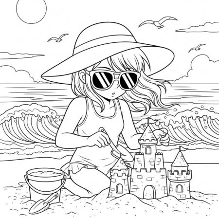 Garota de Anime na Praia (Desenho para Colorir)