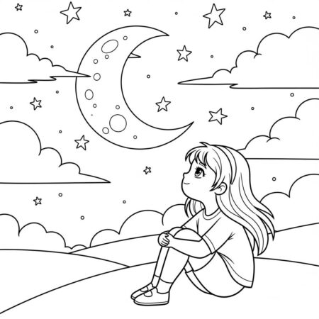 Garota e a Lua (Desenho para Colorir)