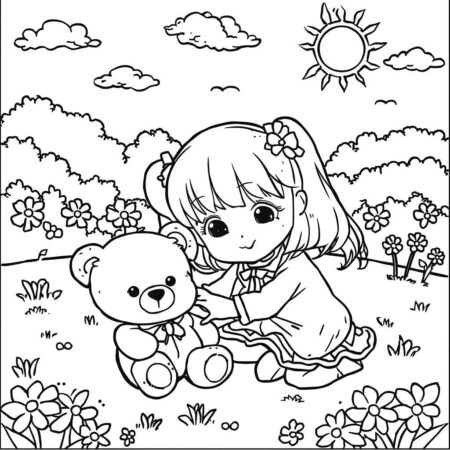 Garotinha Kawaii Brincando (Desenho para Colorir)