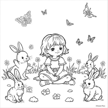 Garotinha com Animais (Desenho para Colorir)