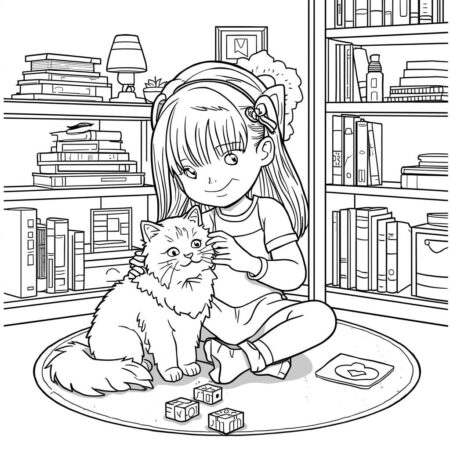 Garotinha e o Gato (Desenho para Colorir)