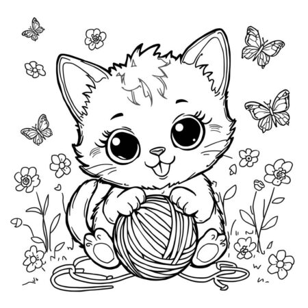Gatinha Kawaii Brincando (Desenho para Colorir)