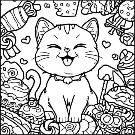 Gatinha com Doces (Desenho para Colorir)