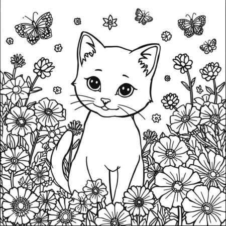 Gatinha com Flores (Desenho para Colorir)