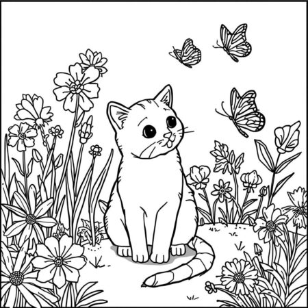 Gatinha e Borboletas (Desenho para Colorir)