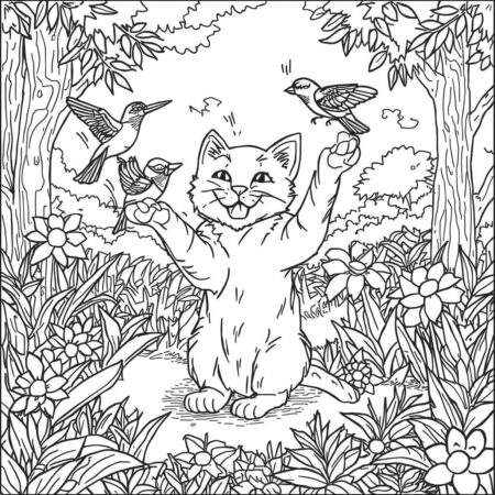 Gatinha e Passaros na Floresta (Desenho para Colorir)