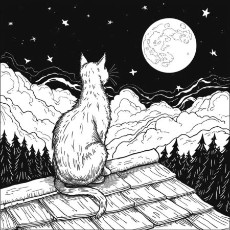 Gatinha e a Lua (Desenho para Colorir)