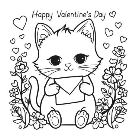 Gatinha e o Dia de Sao Valentim (Desenho para Colorir)
