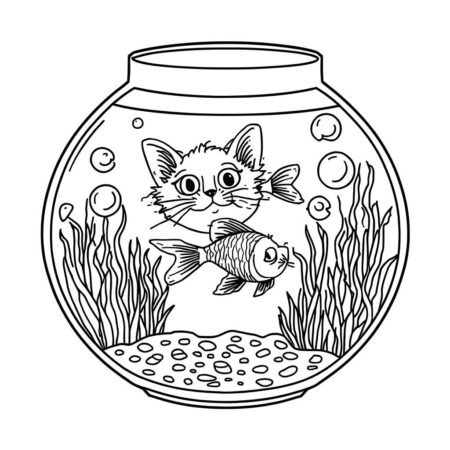 Gatinha e seu Peixe de Estimacao (Desenho para Colorir)
