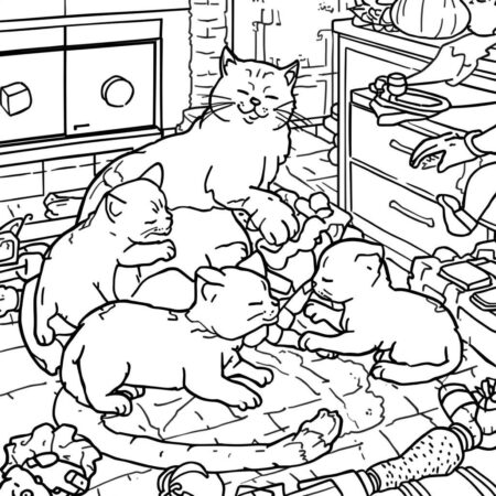 Gatinha e seus Filhotes (Desenho para Colorir)