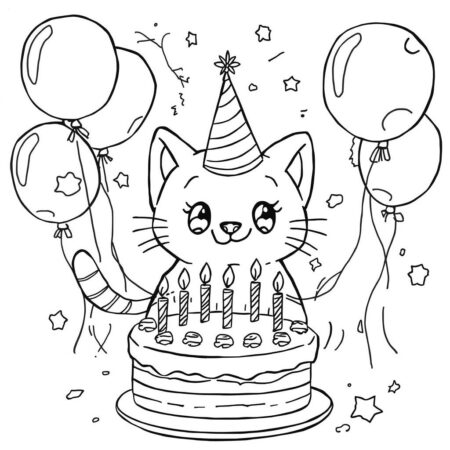 Gatinha em Festa de Aniversario (Desenho para Colorir)