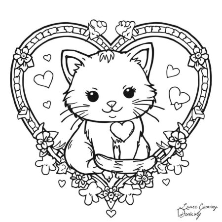 Gatinha em um Coracao (Desenho para Colorir)