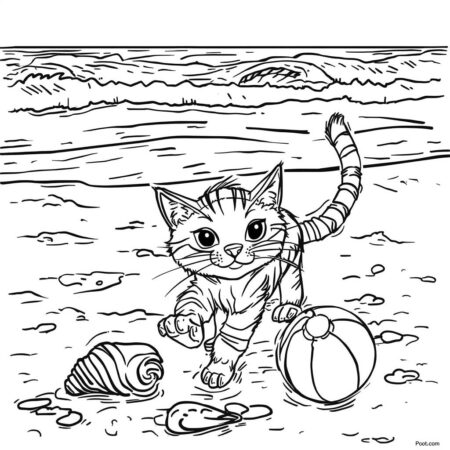 Gatinha na Praia (Desenho para Colorir)