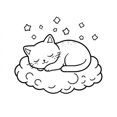 Gato Kawaii Dormindo (Desenho para Colorir)