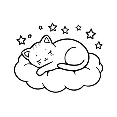 Gato Kawaii Dormindo (Desenho para Colorir)
