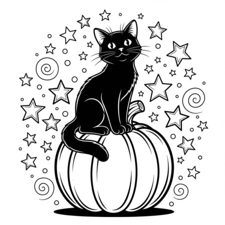 Gato Preto e Abobora (Desenho para Colorir)