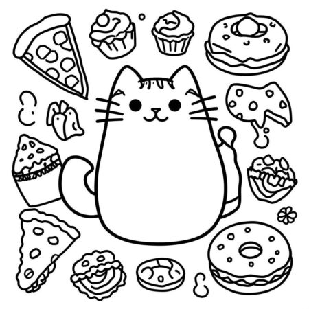 Gato Pusheen com Lanches (Desenho para Colorir)