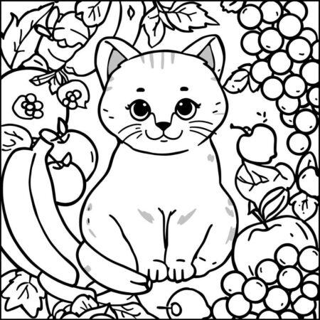 Gato com Frutas (Desenho para Colorir)