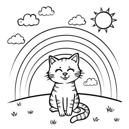 Gato e Arco iris (Desenho para Colorir)