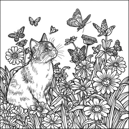 Gato e Borboletas (Desenho para Colorir)