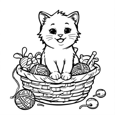 Gato e Cesta (Desenho para Colorir)