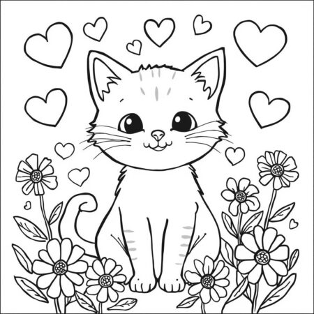 Gato e Coracao (Desenho para Colorir)