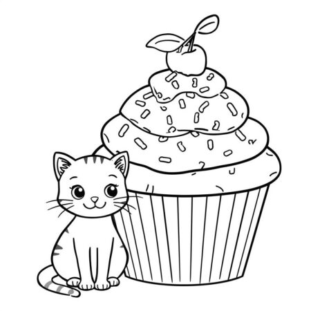 Gato e Doce (Desenho para Colorir)
