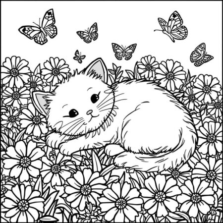 Gato e Flores (Desenho para Colorir)