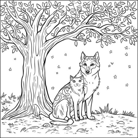 Gato e Lobo (Desenho para Colorir)