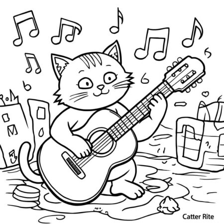 Gato e Musica (Desenho para Colorir)