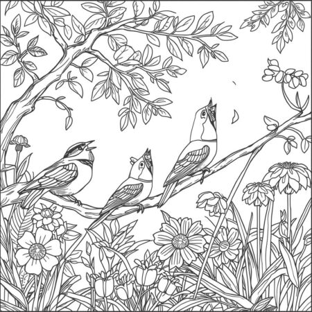 Gato e Passaros (Desenho para Colorir)