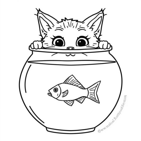 Gato e Peixe (Desenho para Colorir)