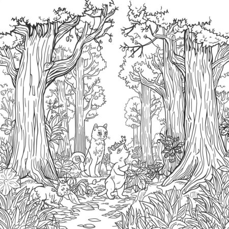 Gato na Floresta (Desenho para Colorir)