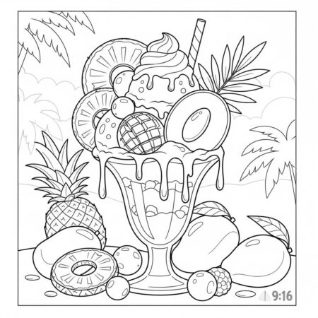 Gelado e Frutas Tropicais (Desenho para Colorir)