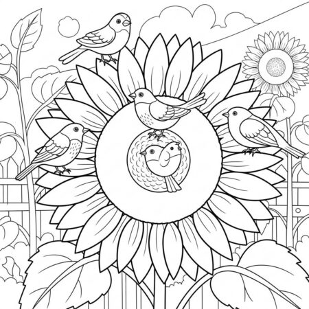 Girassol com Passaros (Desenho para Colorir)