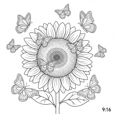 Girassol e Borboletas (Desenho para Colorir)
