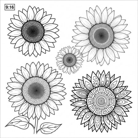 Girassol em Varios Estilos (Desenho para Colorir)