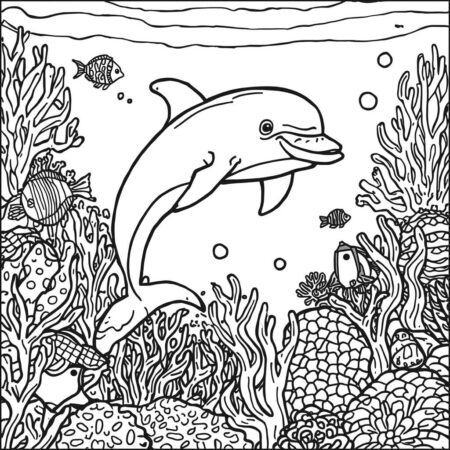 Golfinho com Corais Coloridos (Desenho para Colorir)