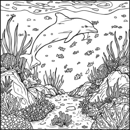 Golfinho e Fundo do Mar (Desenho para Colorir)