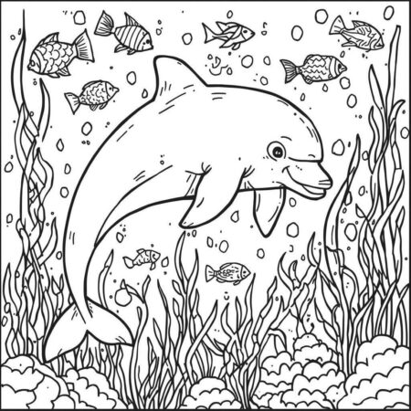 Golfinho e Peixes Coloridos (Desenho para Colorir)