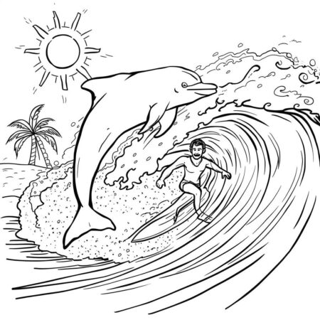 Golfinho e Surfista (Desenho para Colorir)